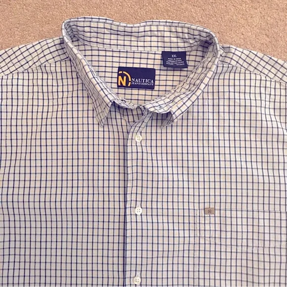 Nautica Mens Short Sleeve Camp Shirt Size XXL Blue Yellow Checker Stripe Cotton - Picture 2 of 8
